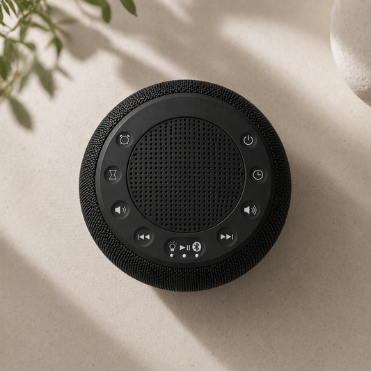 Black sleep sound machine placed on soft textured surface with natural shadows and minimalist styling
