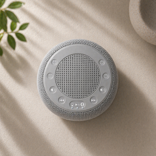 Close-up top view of black sleep machine showing textured fabric and control interface details