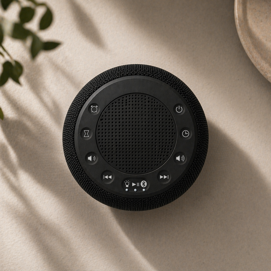 Top-down view of black SoundCore sleep machine on neutral beige surface with soft natural lighting