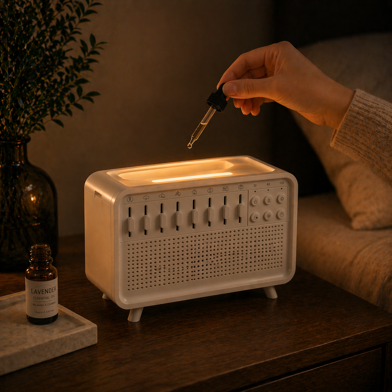 Hand adding essential oil dropper into a white sleep device on a bedside table in a warm nighttime setting