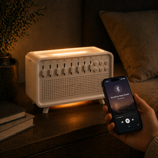 White sleep device connected to a smartphone via Bluetooth on a bedside table in a warm bedroom setting