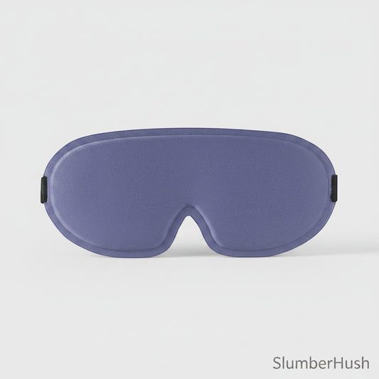 SlumberHush DeepShield sleep mask in a soft purple, contoured for comfort and total light blockage.