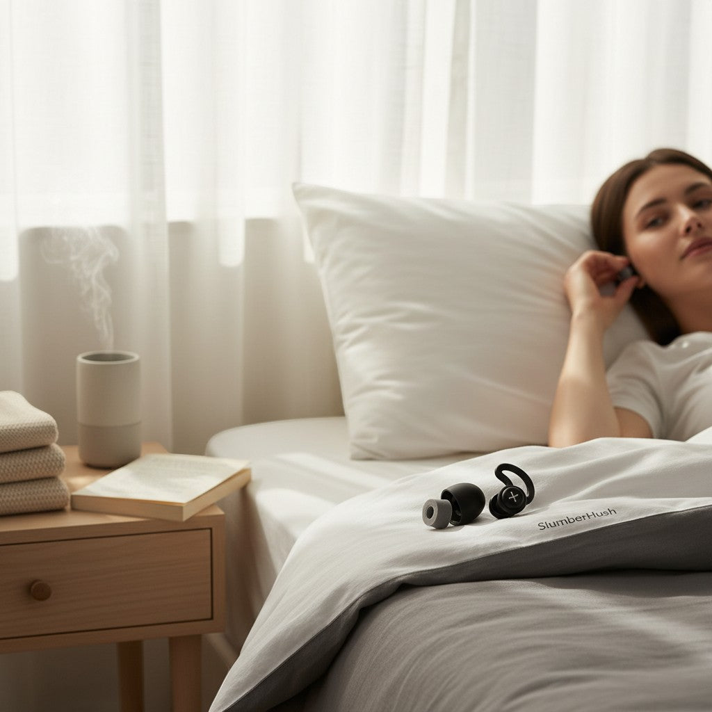 SlumberHush QuietSeal earplugs in black with grey tips, designed for sleep, shown on a bed next to a woman.