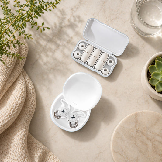 SlumberHush QuietSeal earplugs in white, with a charging case and spare ear tips.
