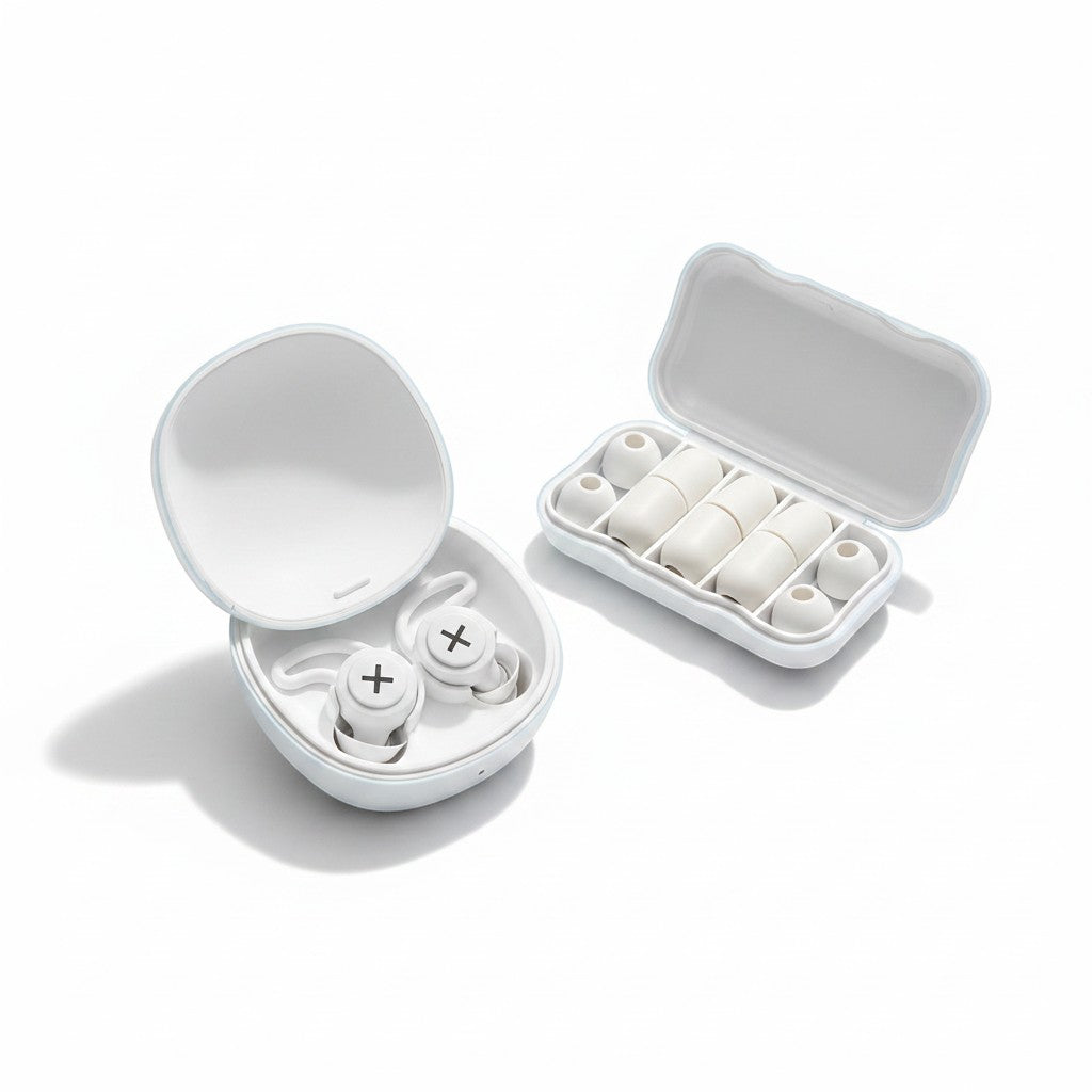 SlumberHush QuietSeal earplugs in white silicone, with charging case and extra ear tips. Designed for sleep.