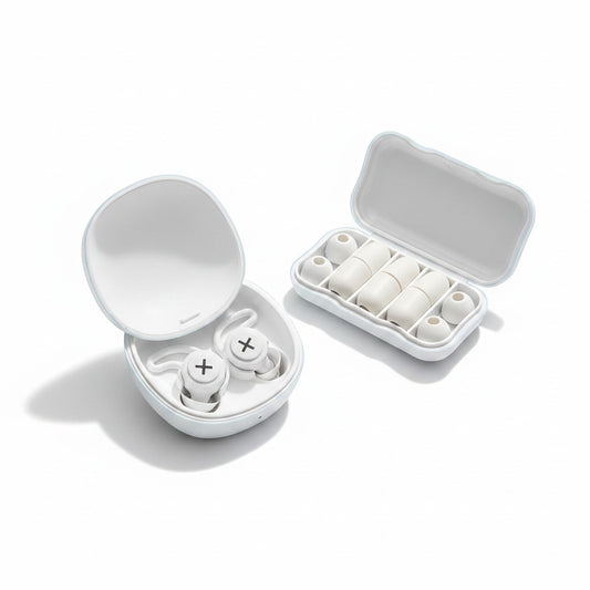 SlumberHush QuietSeal earplugs in white silicone, with charging case and extra ear tips. Designed for sleep.