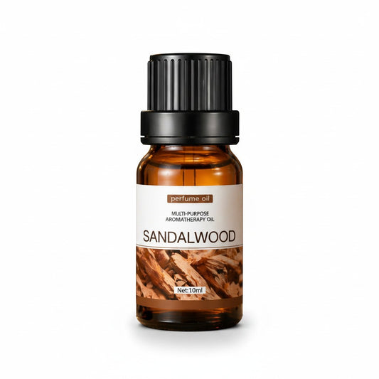 SlumberHush CalmDrop Sandalwood aromatherapy perfume oil in amber glass bottle with black cap, 10ml.
