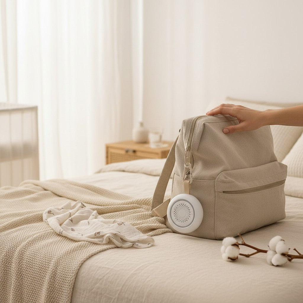 SlumberHush SoundCore baby sleep machine, a white portable device clipped to a beige diaper bag on a bed.