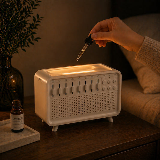 SlumberHush SoundCore Sleep & Humidifier System with adjustable sliders and timer settings. A hand adds essential oil to the top.