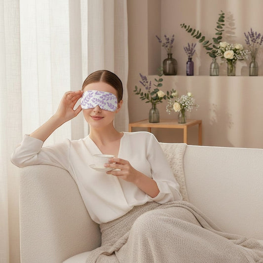 SlumberHush WarmEye steam mask with purple leaf pattern, worn by a woman relaxing on a sofa with a cup of tea.
