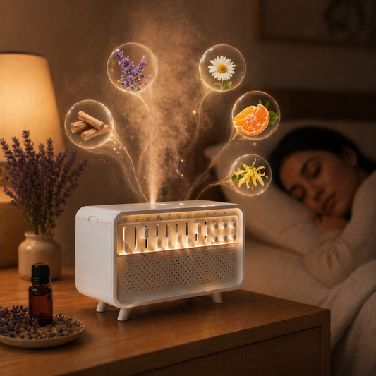 Essential oil diffuser releasing mist with visual elements of lavender, chamomile, citrus, and wood notes in a warm bedroom setting