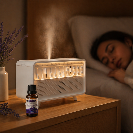 Aromatherapy diffuser releasing mist on bedside table with essential oil bottle in a warm dimly lit bedroom
