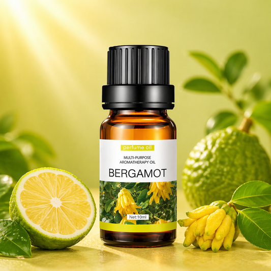 Amber glass bergamot oil bottle placed among bergamot plant and lime on a soft yellow background

