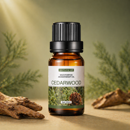 Amber glass cedarwood oil bottle with natural wood pieces and soft green background tones
