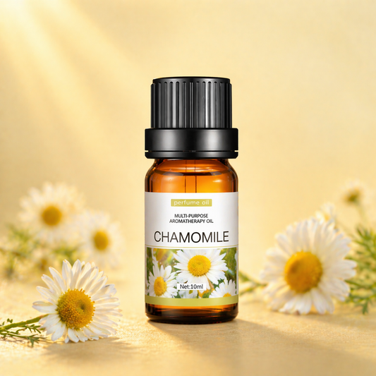 Amber glass chamomile oil bottle placed among white chamomile flowers on a soft yellow background
