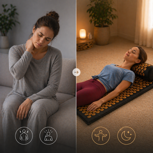 Split image showing woman with neck tension and the same woman relaxed on acupressure mat, illustrating transition to a sleep-ready state