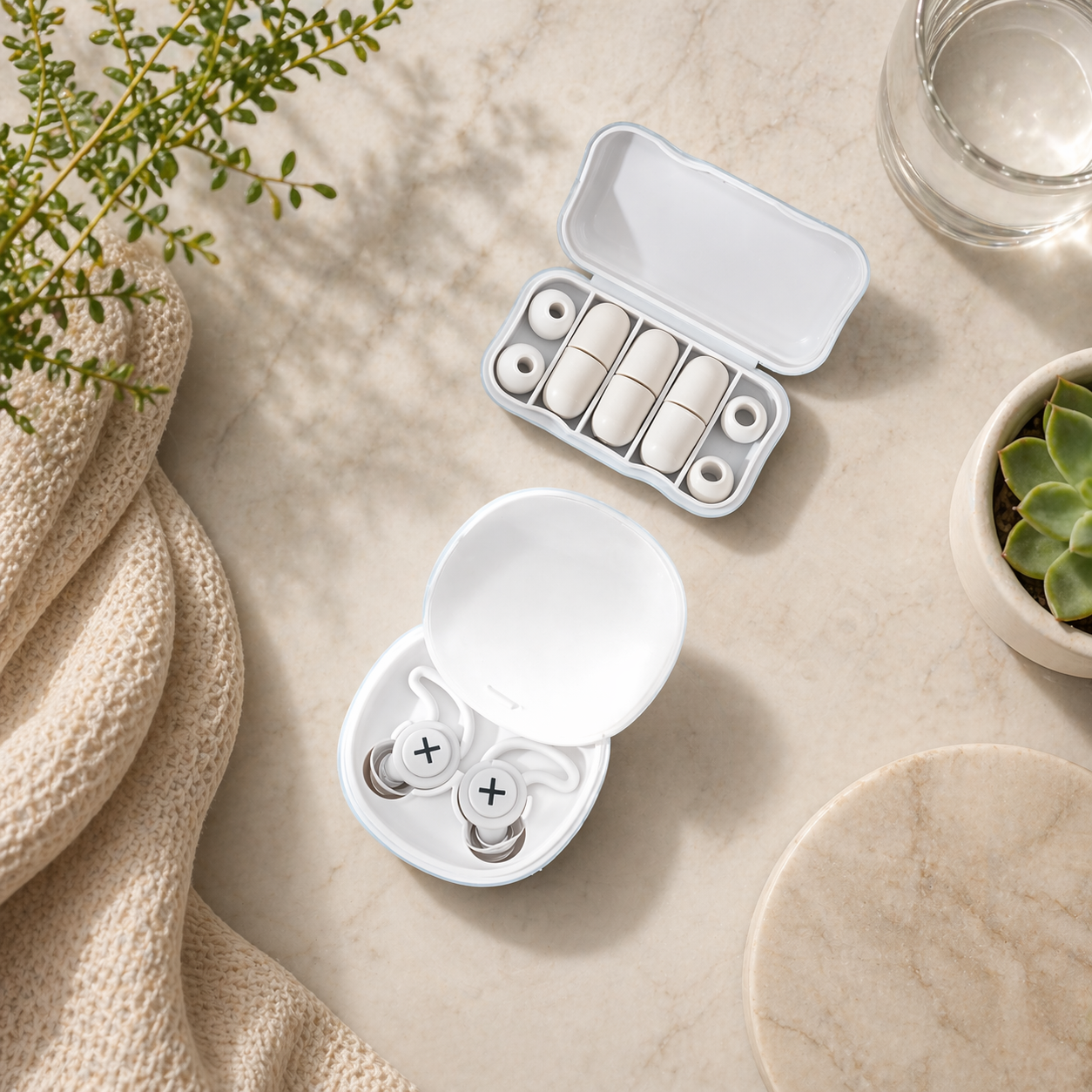 Grey wireless earbuds in charging case with different size ear tips placed neatly on soft beige textured surface