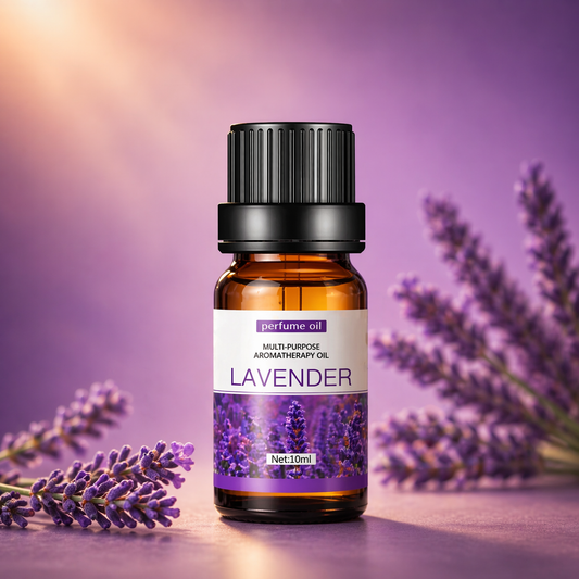 Amber glass lavender aromatherapy oil bottle surrounded by fresh lavender flowers on a soft purple background
