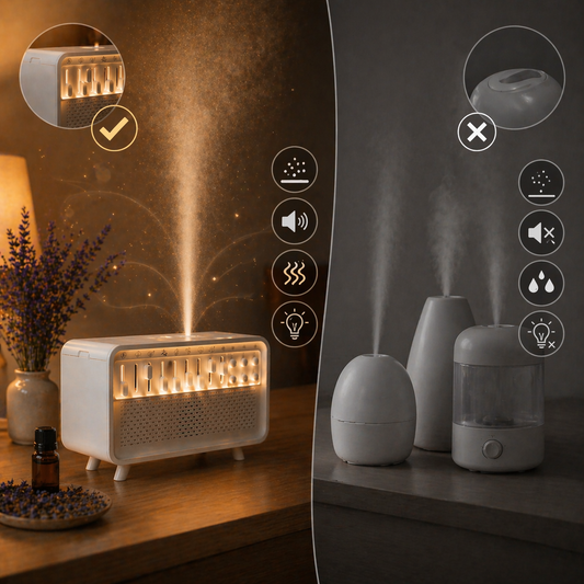 Side by side comparison showing a premium diffuser with warm mist versus basic diffusers with weak output