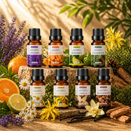 Amber glass aromatherapy oil bottles arranged on natural stone with lavender, citrus, chamomile, ylang ylang, vanilla, and wood elements in a warm botanical setting