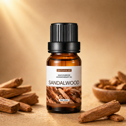 Amber glass sandalwood oil bottle with sandalwood sticks and warm beige background

