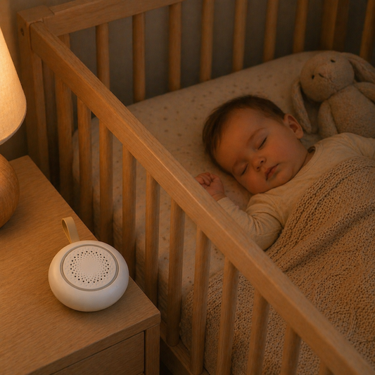 SoundCore™ Sleep Machine placed beside a baby crib in a softly lit nursery, creating a calm and comfortable sleep environment