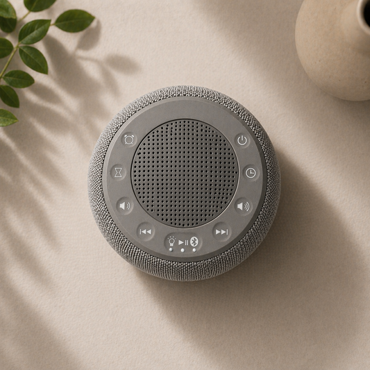 Minimalist overhead shot of black sleep machine with soft lighting and modern aesthetic setup