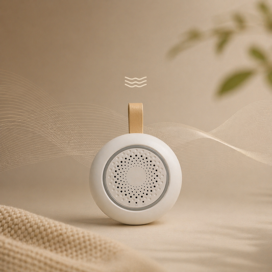 SoundCore™ Sleep Machine with subtle wave visuals representing soothing white noise and continuous sound for sleep support