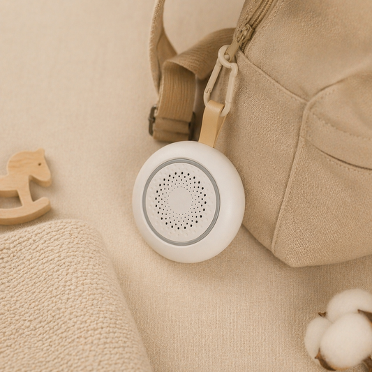 SoundCore™ Sleep Machine attached to a fabric bag using built-in loop, demonstrating portable and travel-friendly design