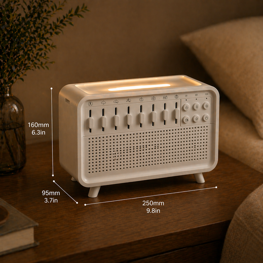 White sleep device with visible dimensions showing width height and depth on a bedside table