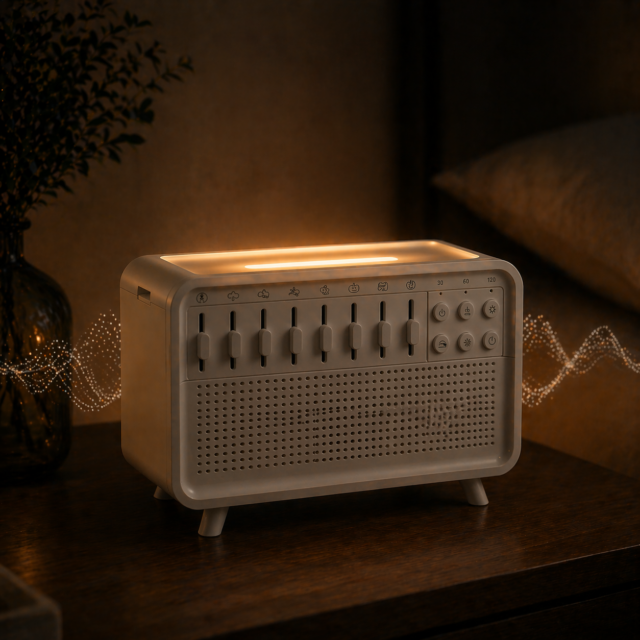 White sleep device on a bedside table with subtle sound wave effects in a dimly lit bedroom