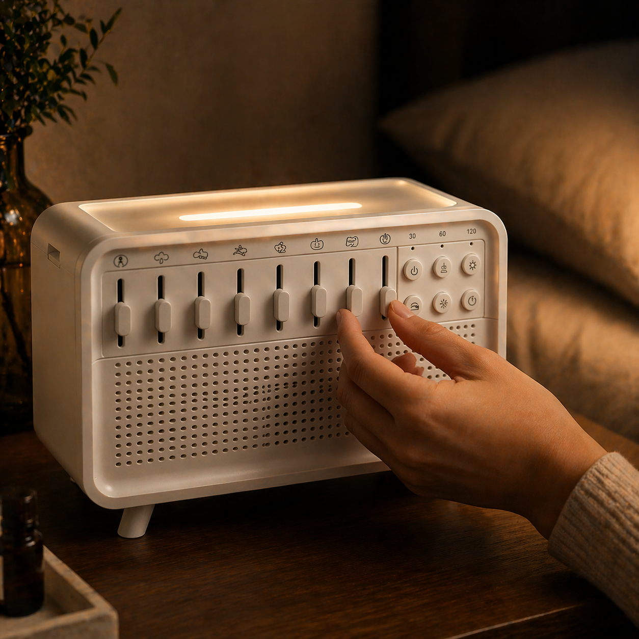 Close-up of a hand adjusting sliders on a white sleep device in a warm bedside setting