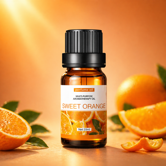 Amber glass sweet orange essential oil bottle with sliced oranges and leaves on a warm orange background
