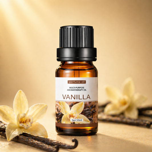 Amber glass vanilla oil bottle with vanilla pods and soft golden background lighting