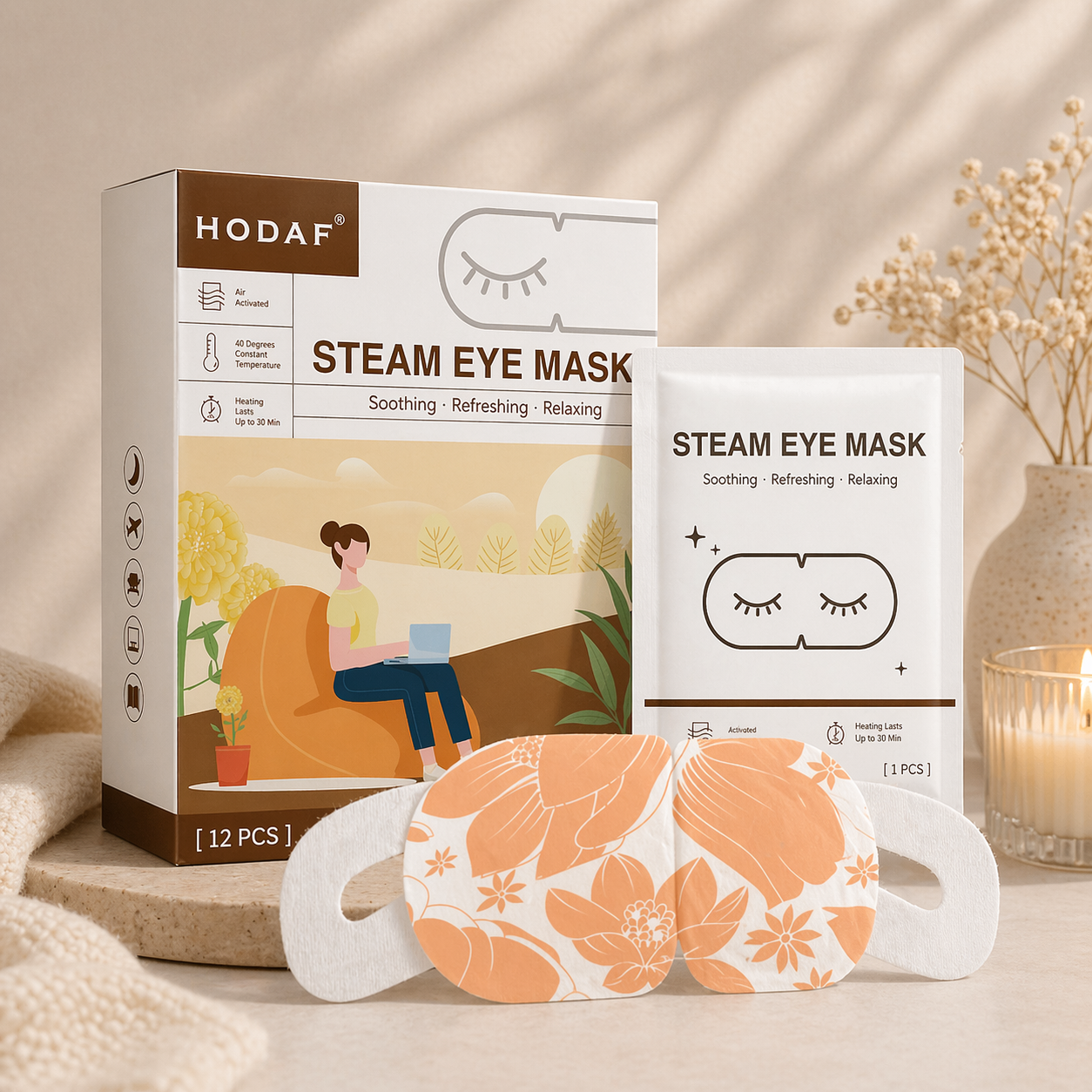 Lutin steam eye mask with product box in soft daylight setting with flowers and minimal lifestyle elements