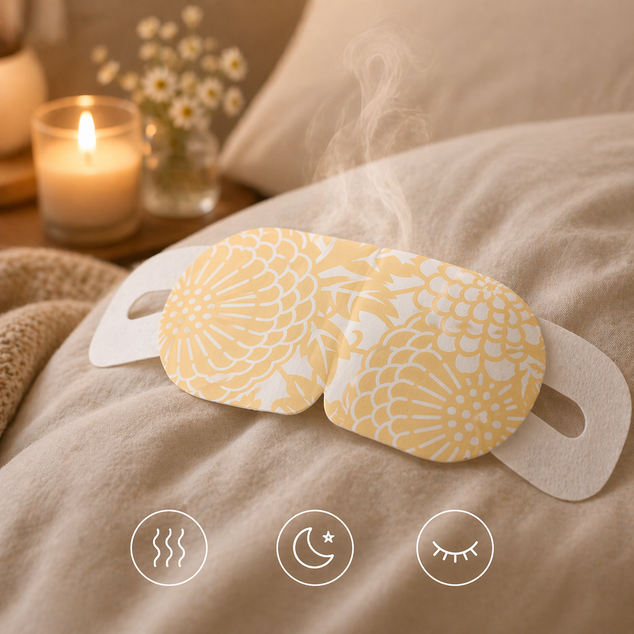 Steam eye mask on bed emitting gentle steam with warm lighting and minimal icons representing relaxation and sleep