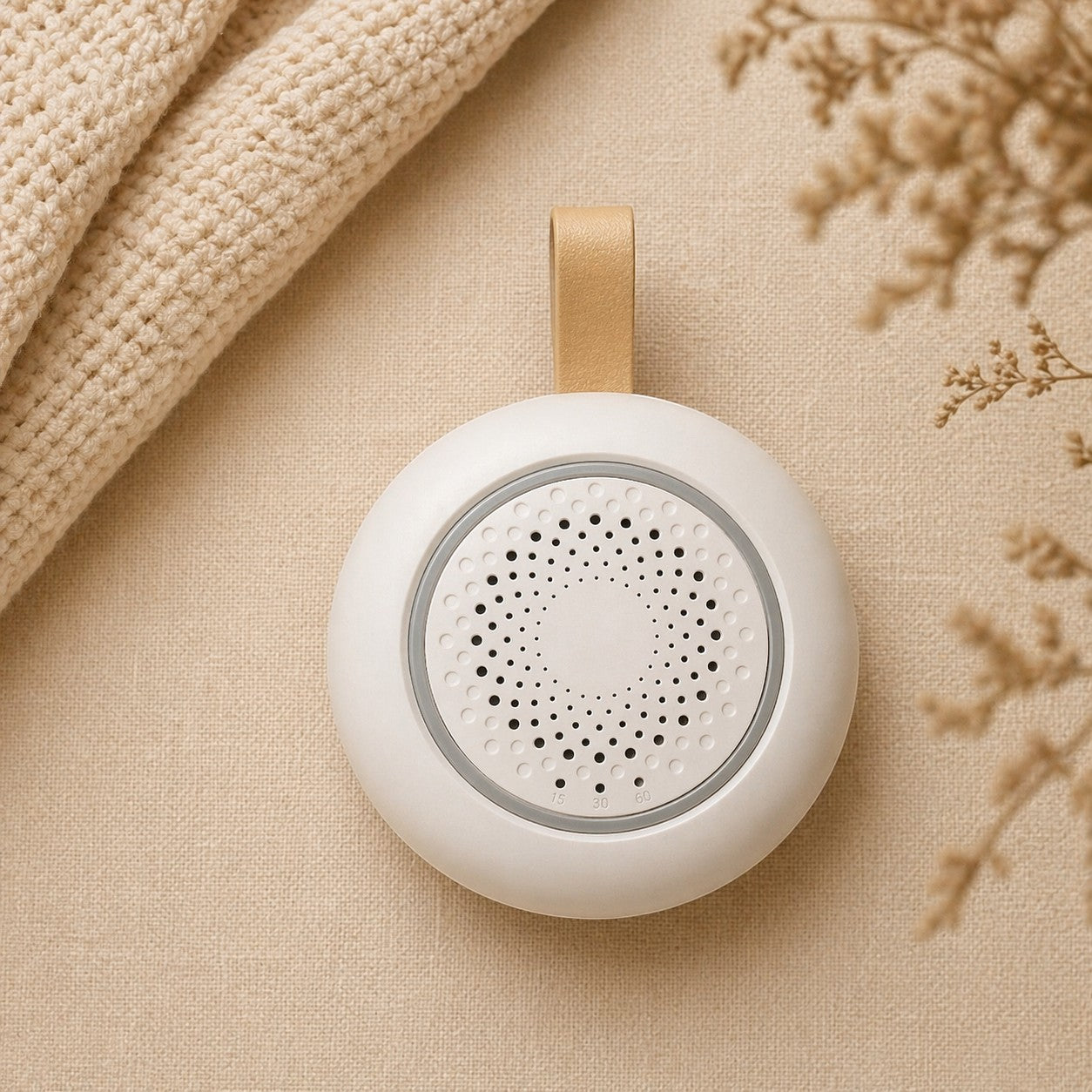 SlumberHush SoundCore baby sleep machine, white, portable, with timer settings and a tan loop for hanging.