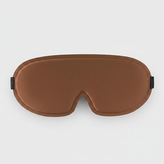SlumberHush DeepShield sleep mask in brown, contoured for comfort and total blackout.