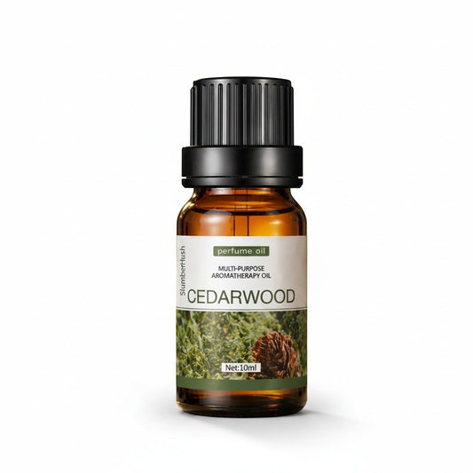 SlumberHush Cedarwood multi-purpose aromatherapy perfume oil in amber glass bottle with black cap, 10ml.