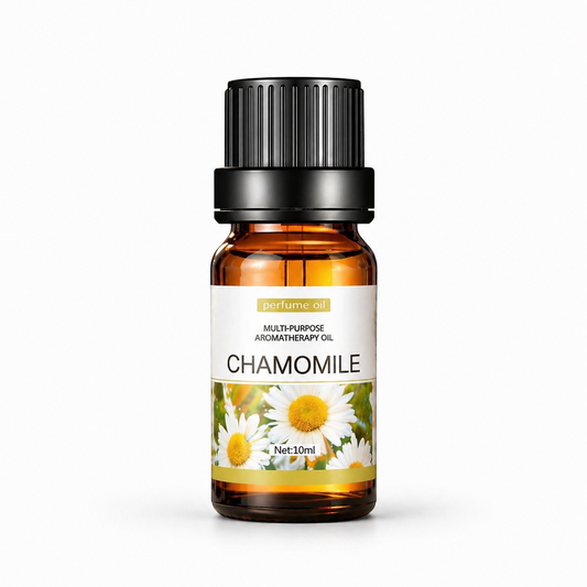 SlumberHush CalmDrop chamomile aromatherapy oil in amber glass bottle with black cap, 10ml.