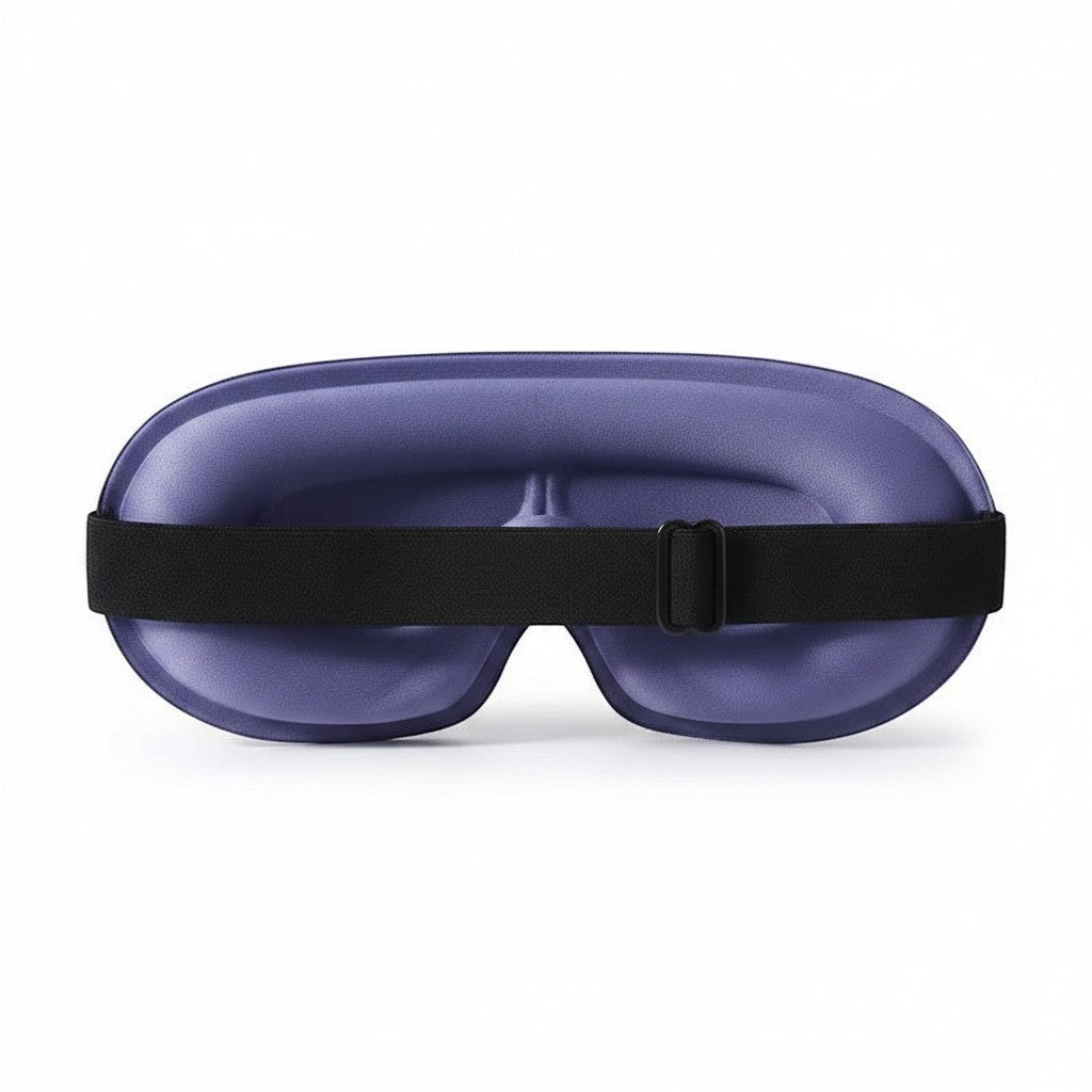 SlumberHush DeepShield sleep mask in deep purple with adjustable black strap for comfortable light blocking.