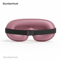 SlumberHush DeepShield sleep mask in dusty rose with adjustable black strap and buckle.