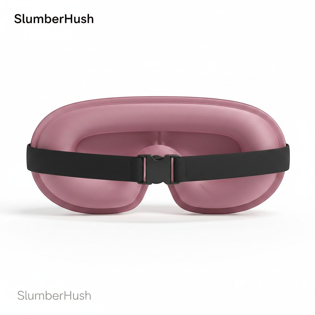 SlumberHush DeepShield sleep mask in dusty rose with adjustable black strap and buckle.