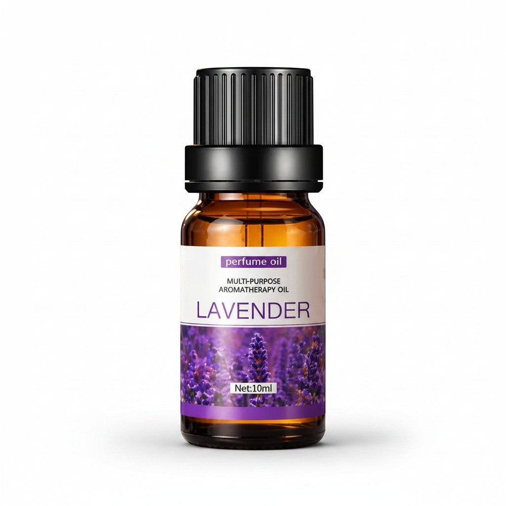 SlumberHush CalmDrop lavender aromatherapy oil in amber glass bottle with black cap, 10ml.