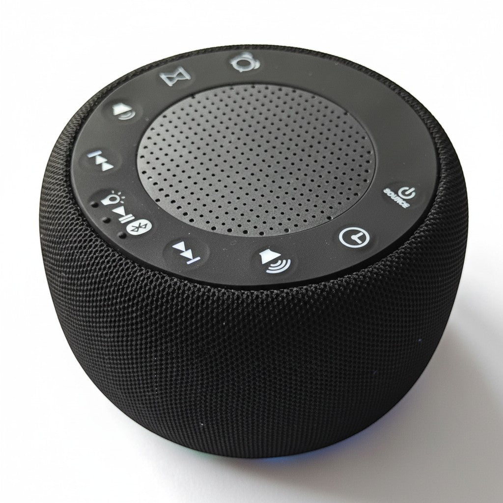 SlumberHush Pro Sleep Machine, black fabric portable speaker with top control panel for sound and timer functions.