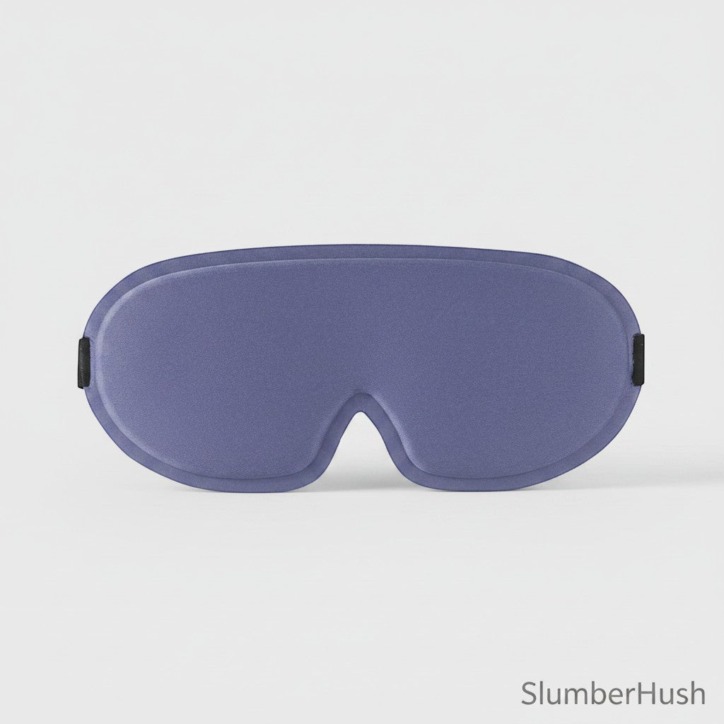 SlumberHush DeepShield sleep mask in a soft purple, contoured for comfort and total light blockage.