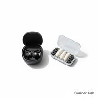 SlumberHush QuietSeal earplugs in black charging case with extra ear tips in a clear travel case.