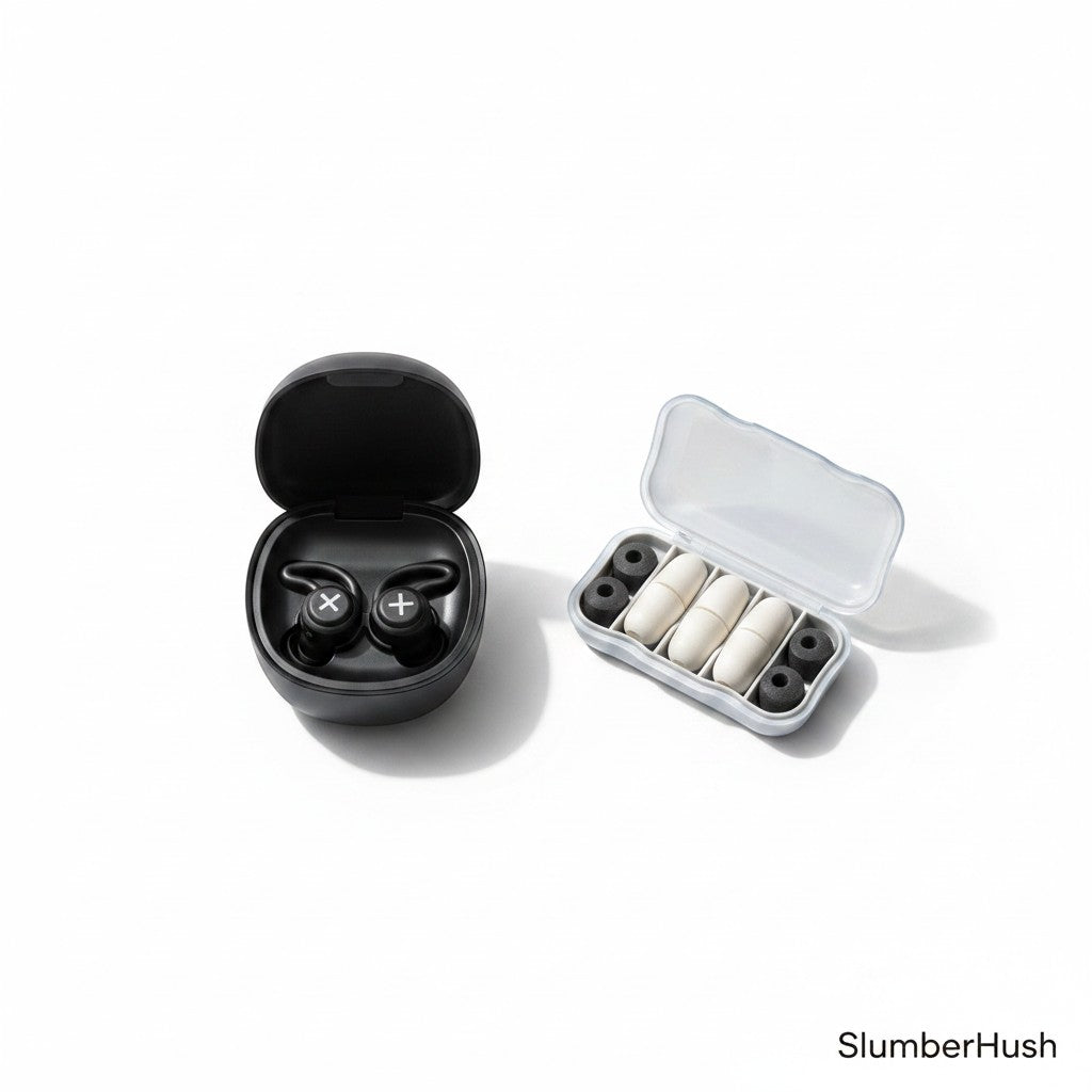 SlumberHush QuietSeal earplugs in black charging case with extra ear tips in a clear travel case.
