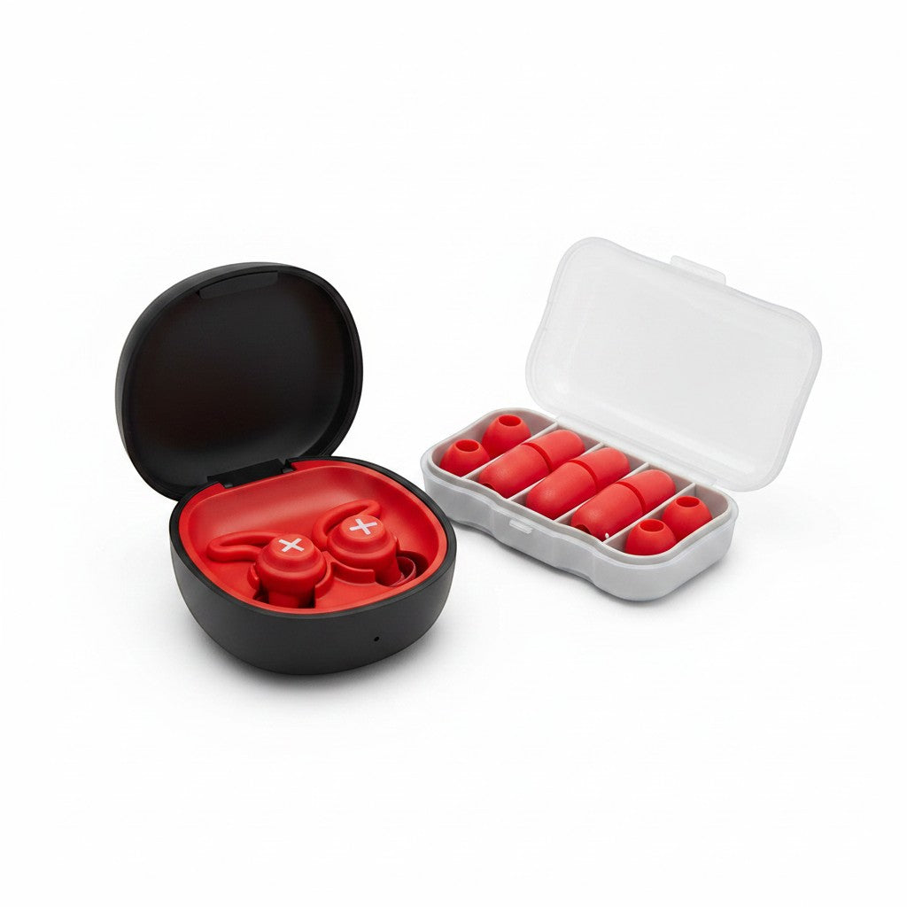 SlumberHush QuietSeal™ red silicone earplugs in a black charging case and a grey storage case.