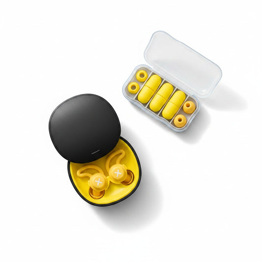 SlumberHush QuietSeal™ yellow silicone earplugs with a black charging case and a travel case with spare ear tips.
